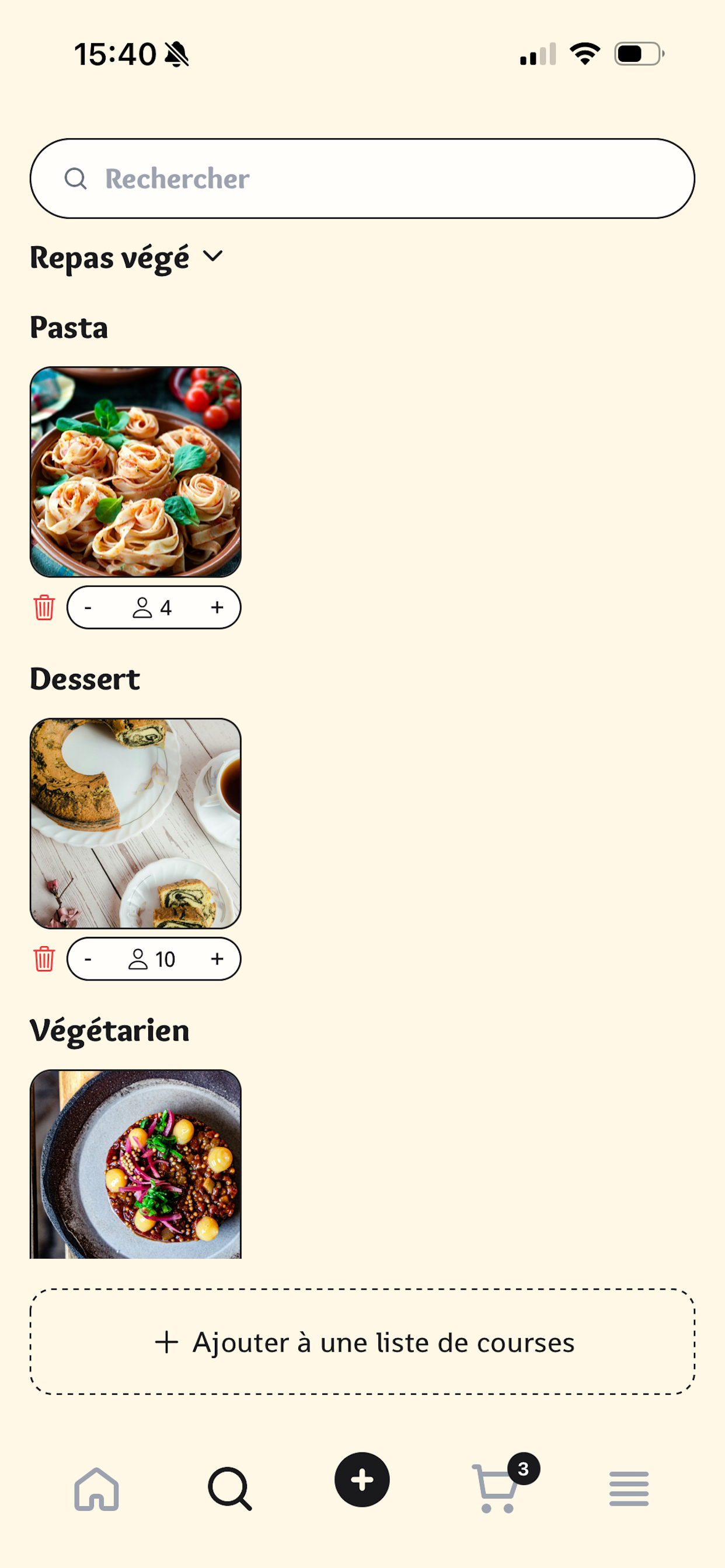 Plan de repas avec catégories