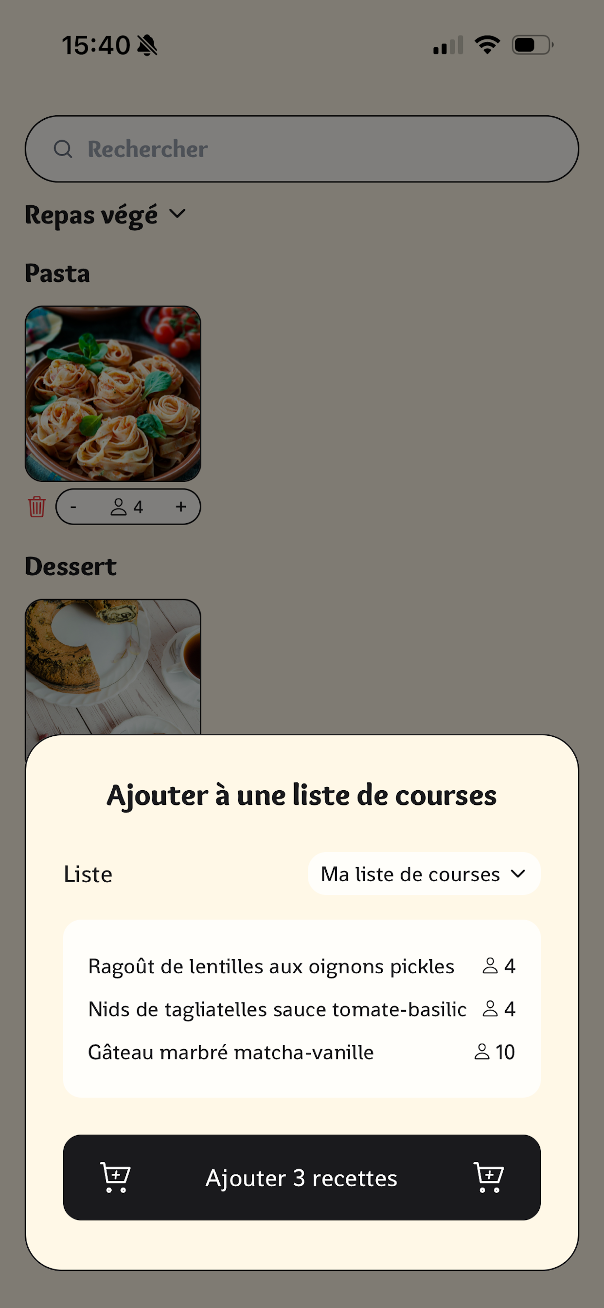 Ajouter des recettes à la liste de courses