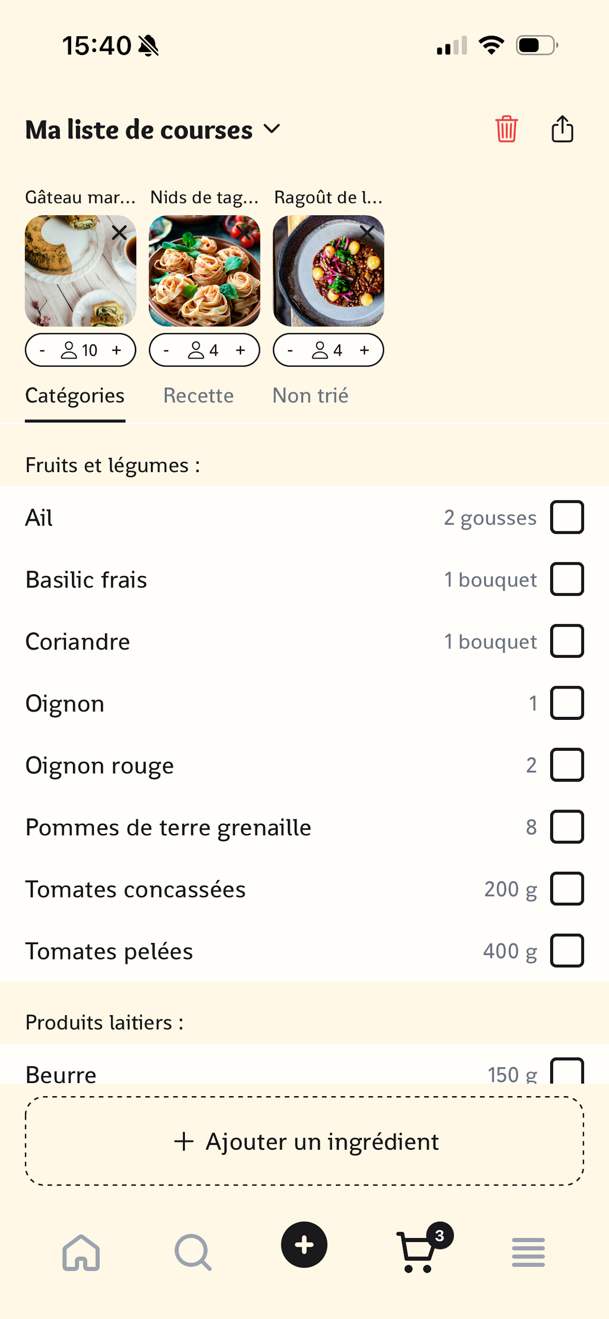 Liste de courses par catégorie